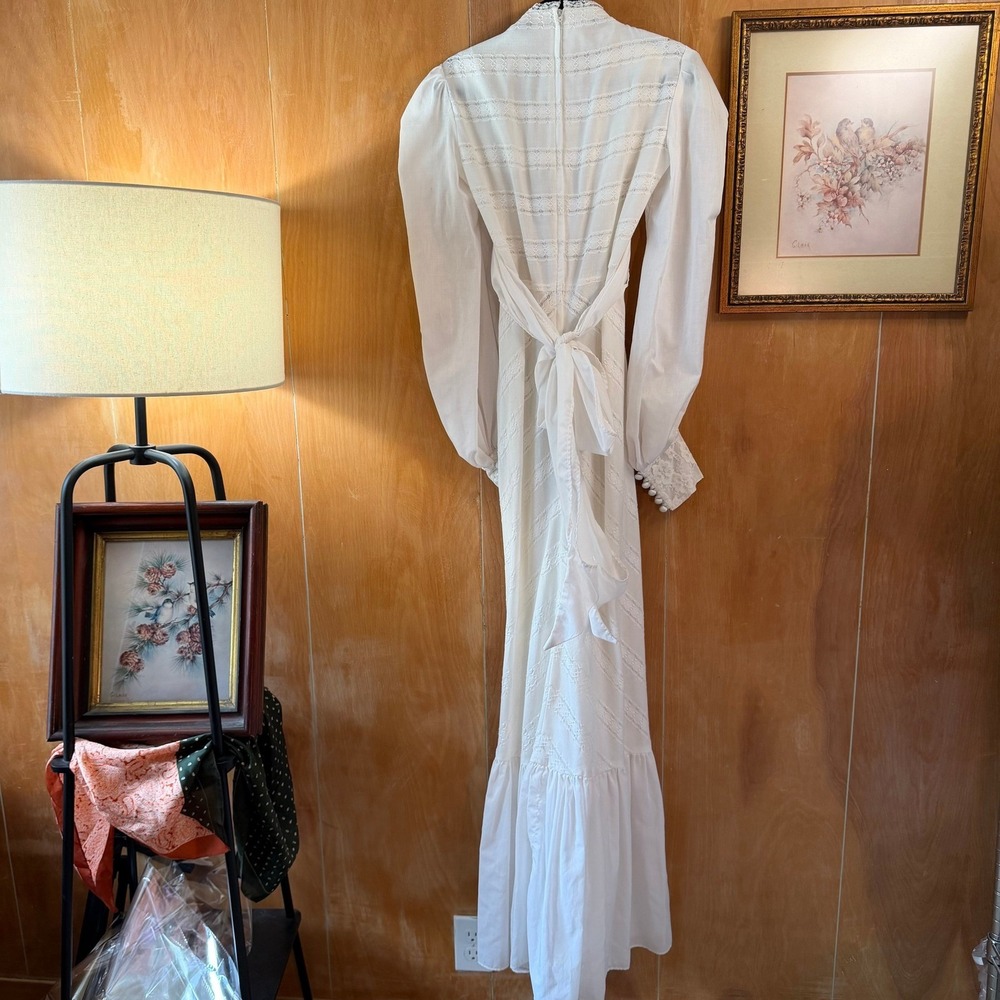 Vintage 70s Jody of California White Prairie Maxi Dress Lace Bishop Sleeve Small - Picture 3 of 16